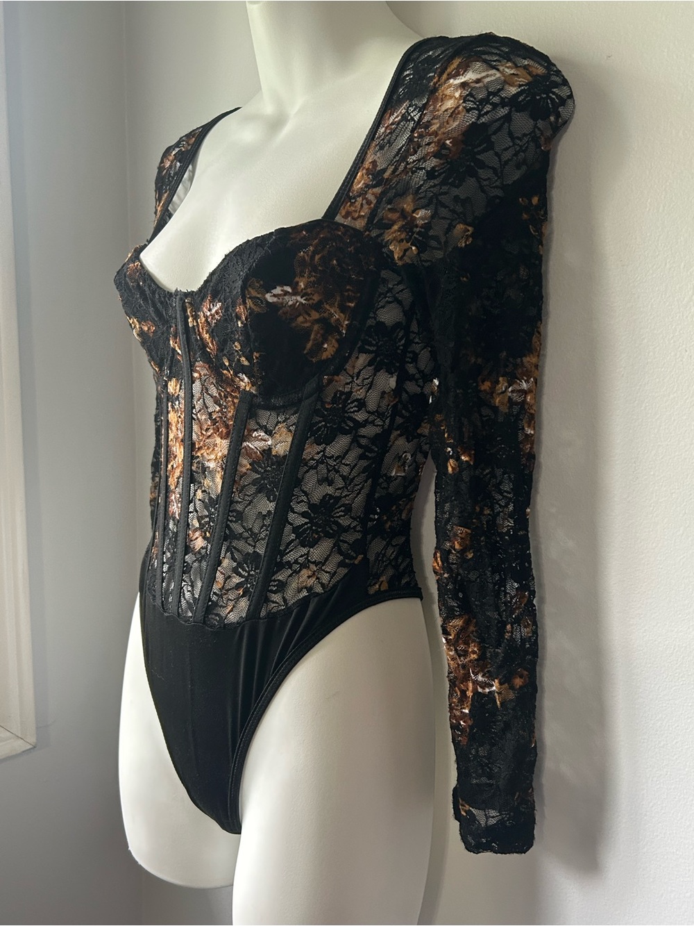 NWOT Black Lace Bodysuit with Brown Floral Accents - Picture 2 of 7